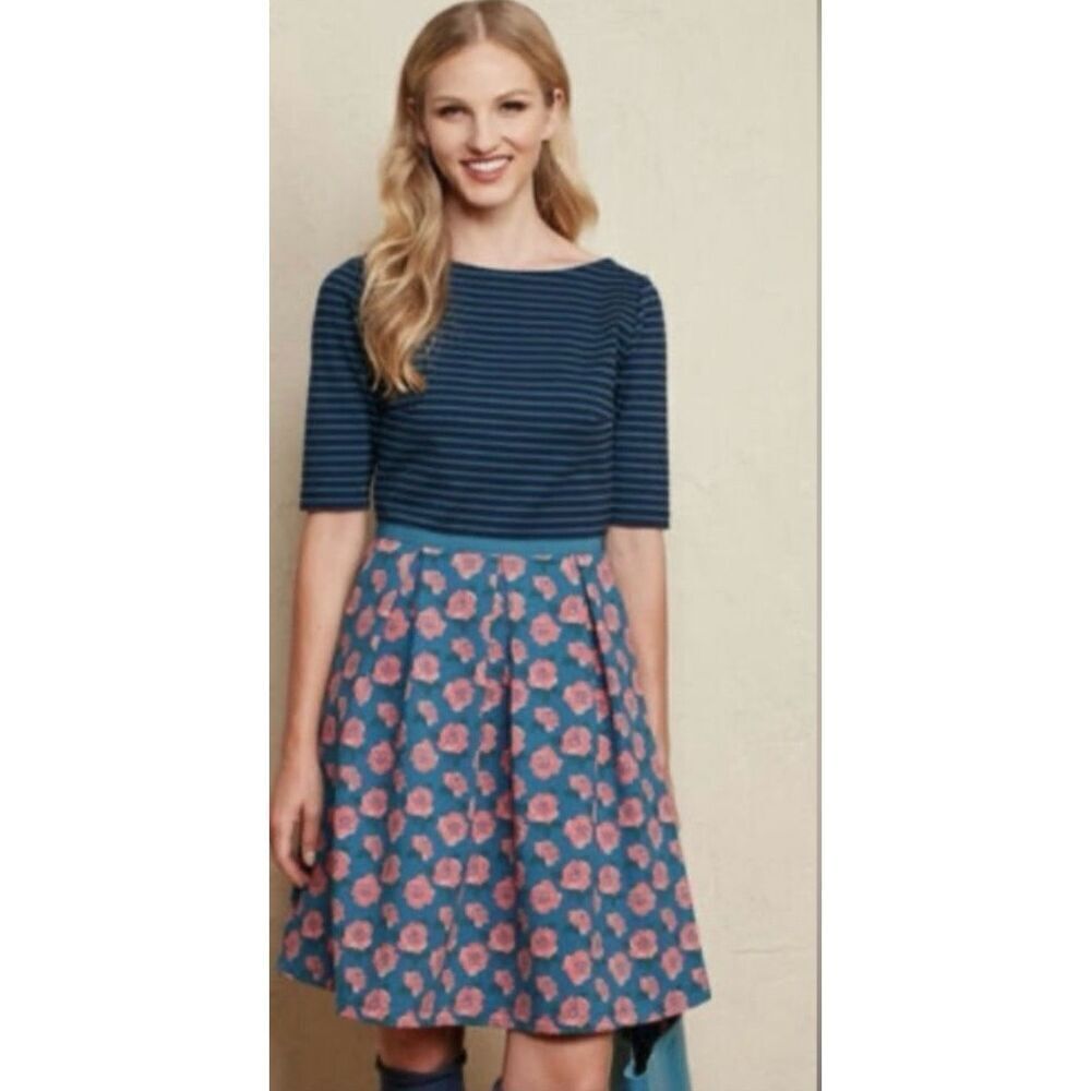 Matilda Jane Dress Womens Sz S Blue Stripe Top Rose Pleated Bottom Side Pockets